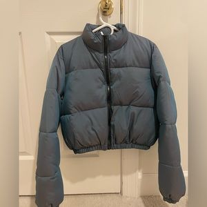 Double Zero Cropped Blue Metallic Puffer Jacket - Size Medium